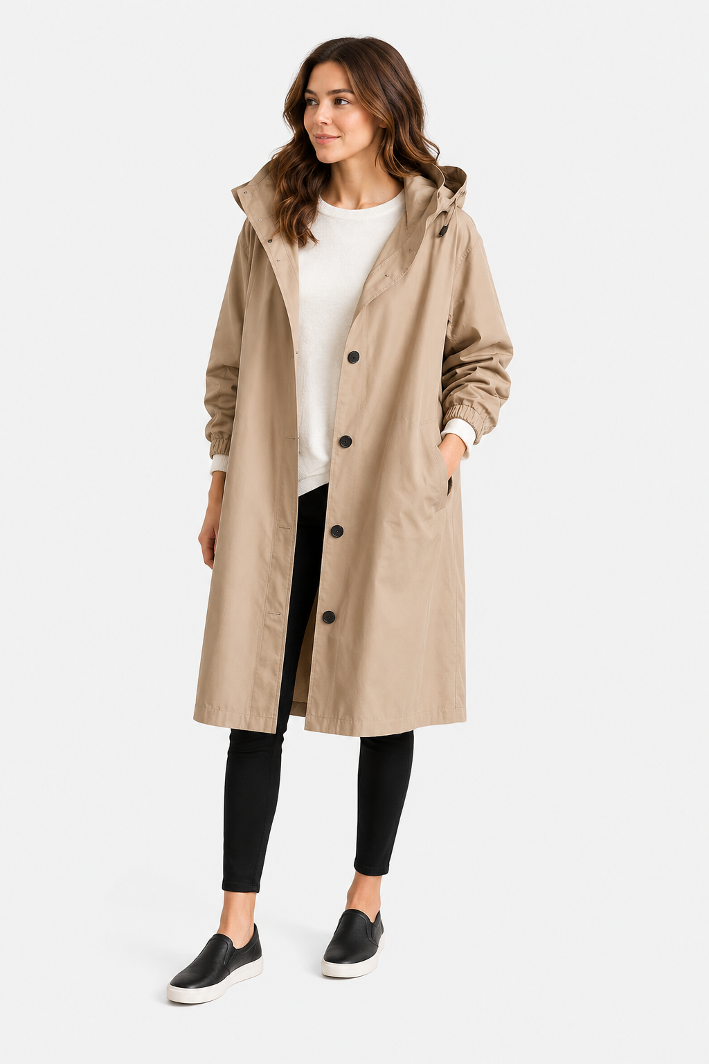 Oversized Button-Front Water Resistant Parka Coat with Hood - Beige