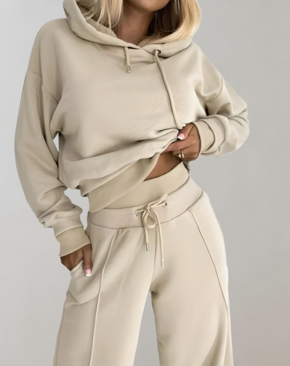 Cropped Hoodie & Wide-Leg Trousers Two-Piece Set - Beige