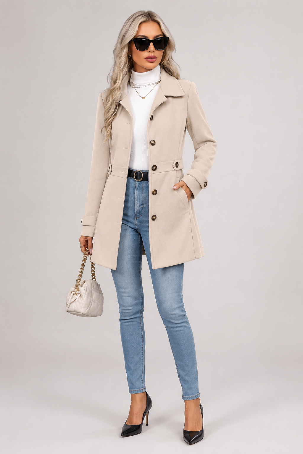 Button Front Tailored Trench Coat - Beige