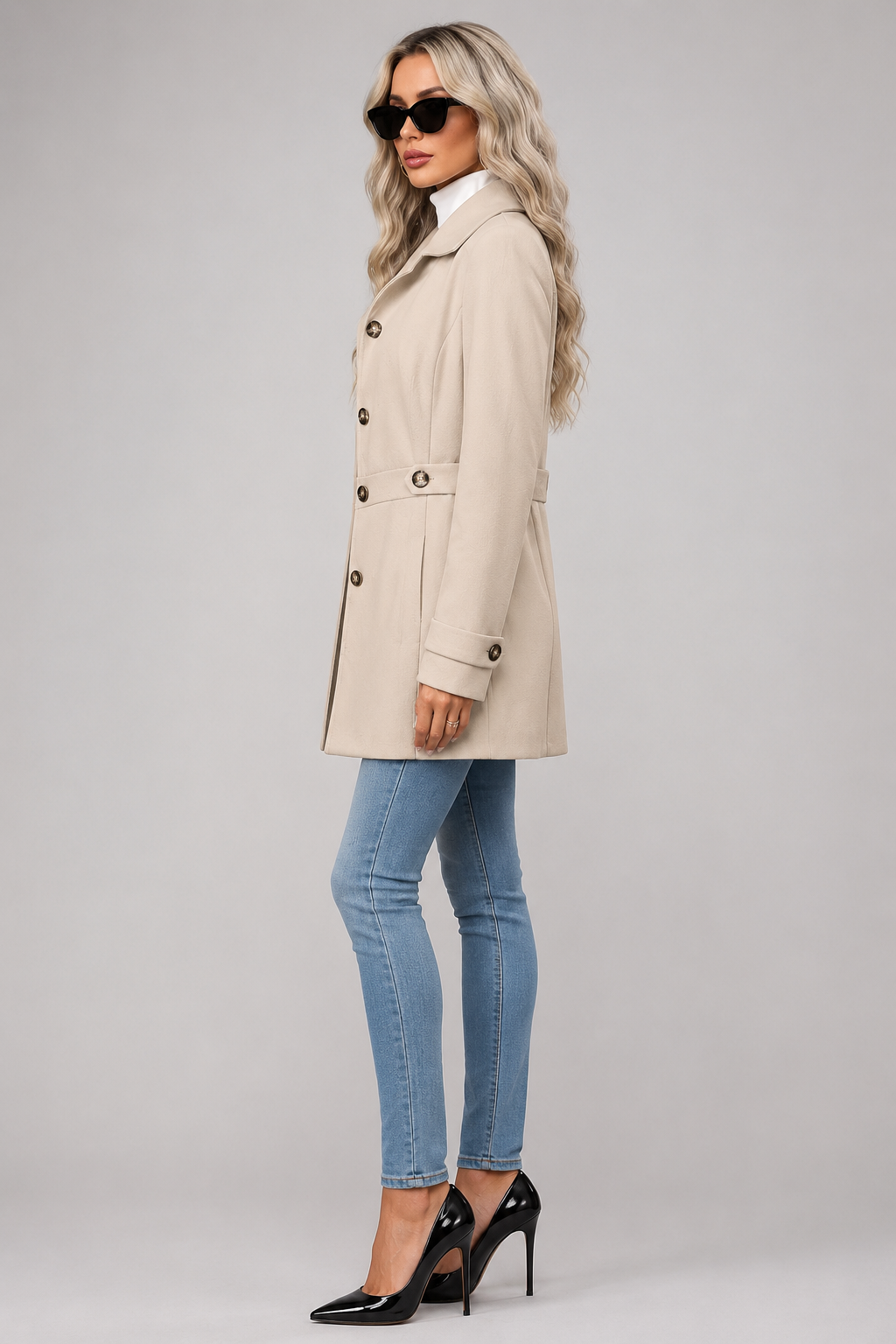 Button Front Tailored Trench Coat - Beige