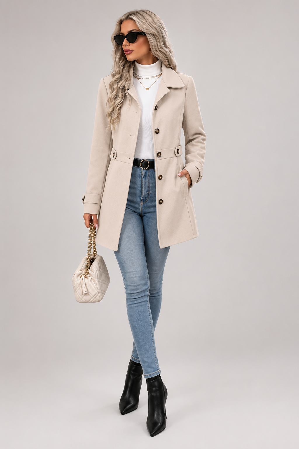 Button Front Tailored Trench Coat - Beige