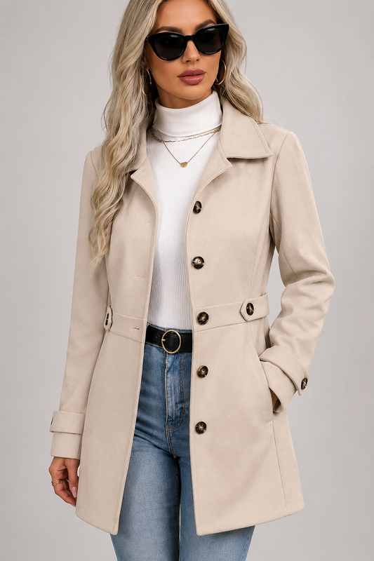 Button Front Tailored Trench Coat - Beige