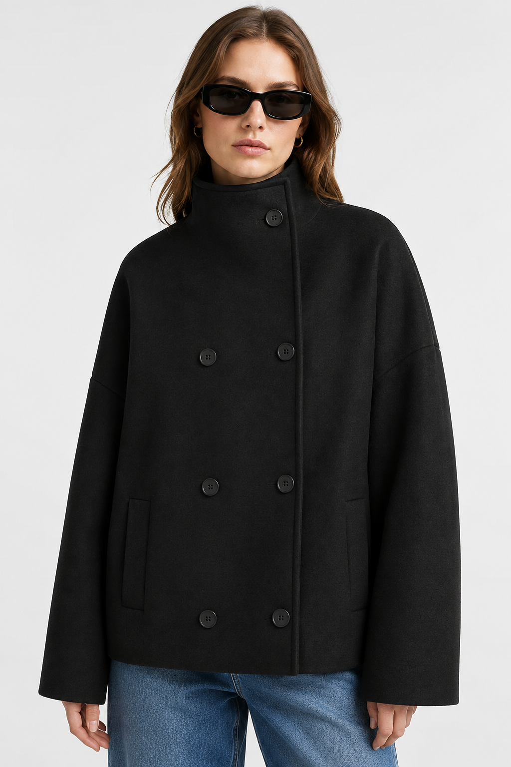 Boxy Cropped Double-Breasted Wool Coat - Black