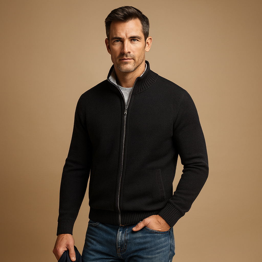 Marled Knit Full-Zip Cardigan with Stand Collar - Black