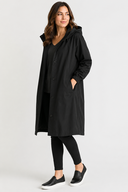 Oversized Button-Front Water Resistant Parka Coat with Hood - Black