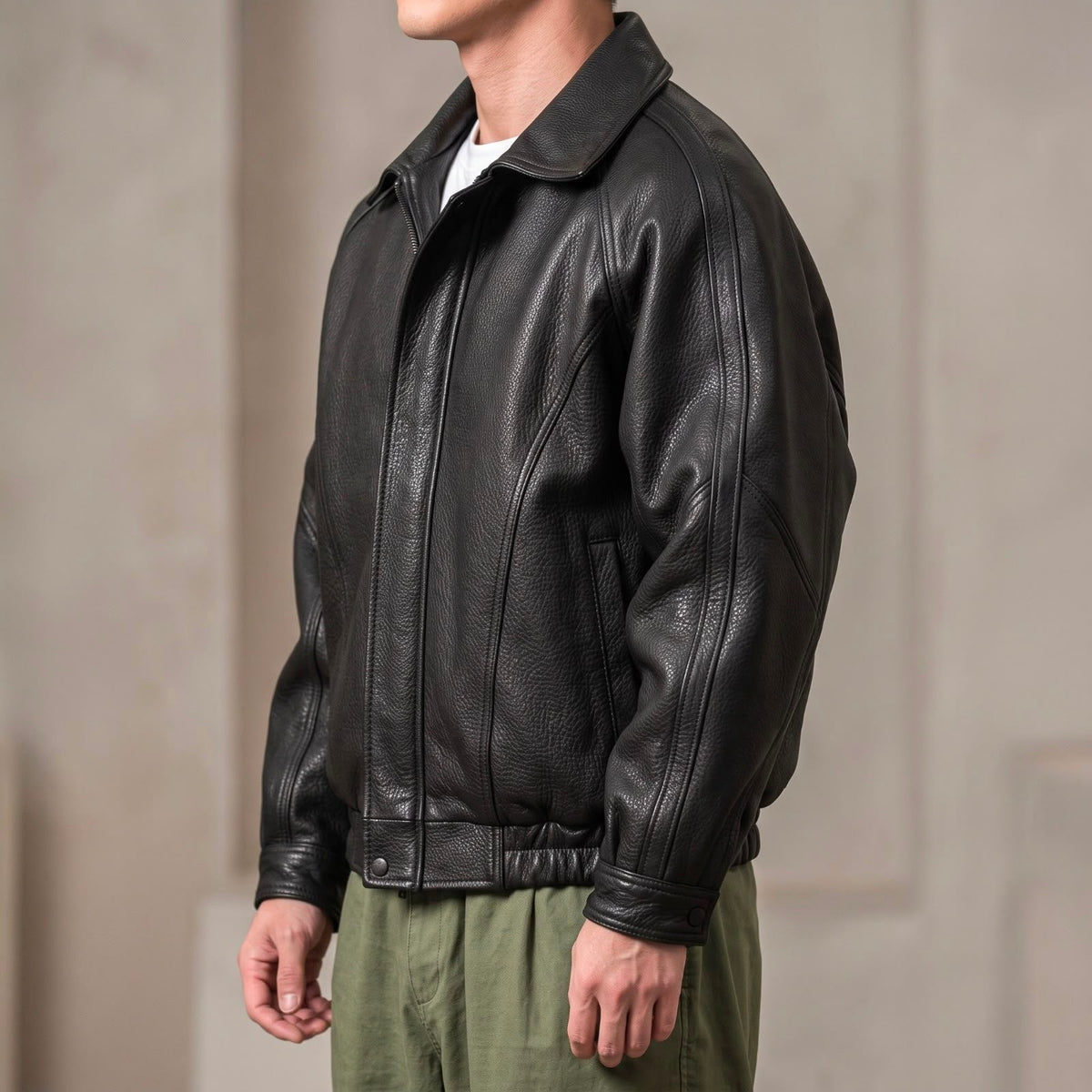 Leather Zip Jacket with Structured Collar - Black