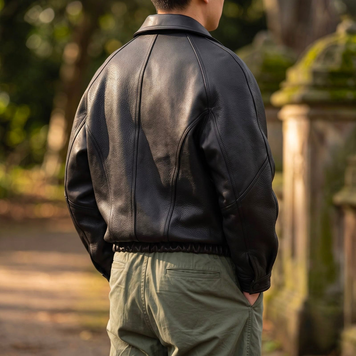 Leather Zip Jacket with Structured Collar - Black
