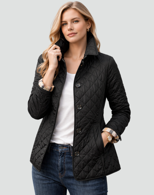 Diamond Quilted Button-Front Jacket - Black