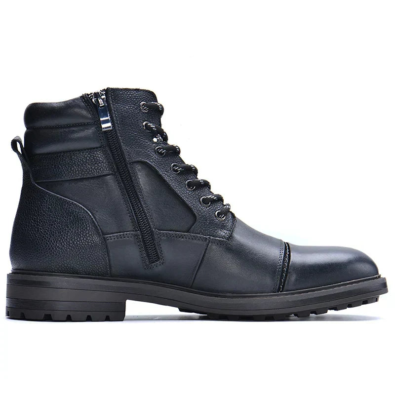 Side-Zip Lace Up Leather Ankle Boots - Black