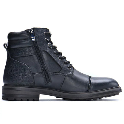 Side-Zip Lace Up Leather Ankle Boots - Black