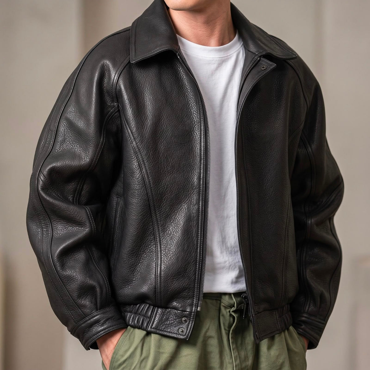Leather Zip Jacket with Structured Collar - Black