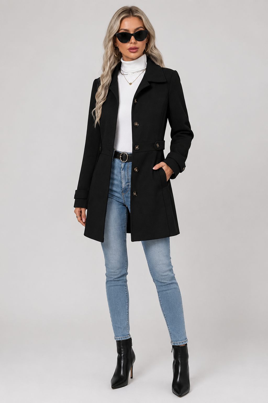 Button Front Tailored Trench Coat - Black