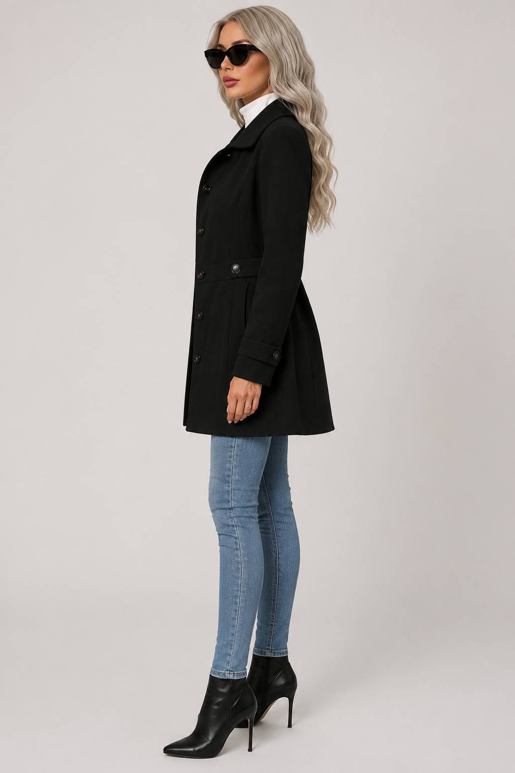 Button Front Tailored Trench Coat - Black