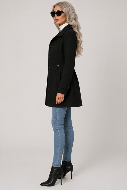 Button Front Tailored Trench Coat - Black