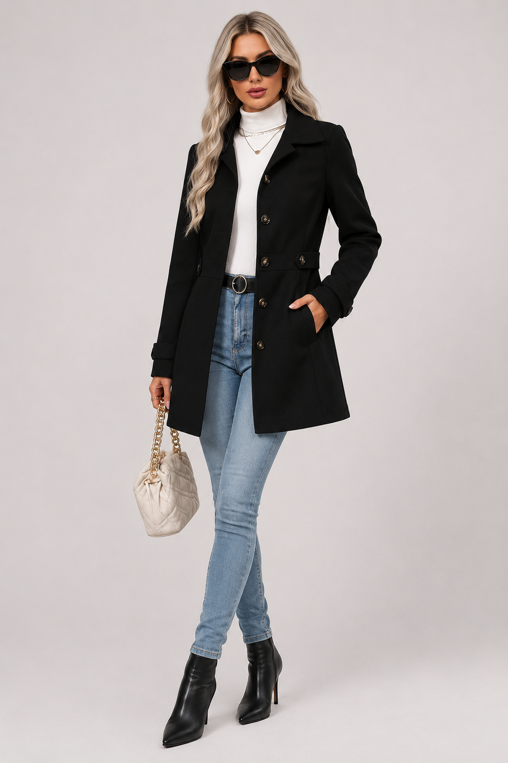 Button Front Tailored Trench Coat - Black