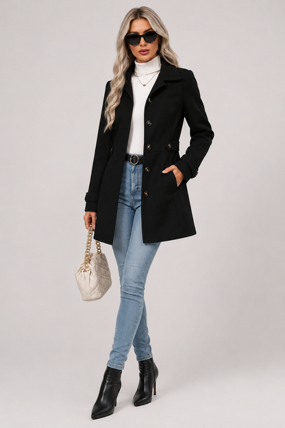 Button Front Tailored Trench Coat - Black
