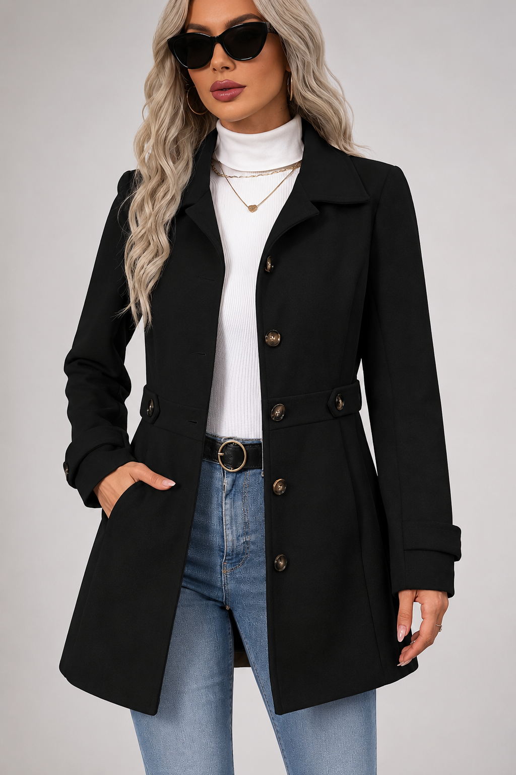 Button Front Tailored Trench Coat - Black