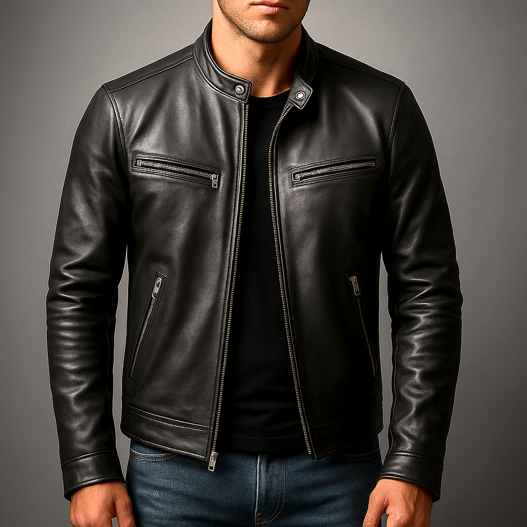 Vintage Leather Racer Jacket with Zip Pockets - Black