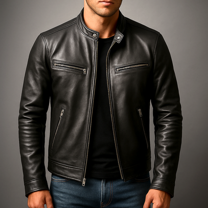 Vintage Leather Racer Jacket with Zip Pockets - Black