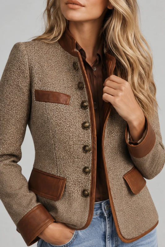 Vintage Tweed Leather Trim Button Up Jacket
