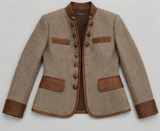 Vintage Tweed Leather Trim Button Up Jacket