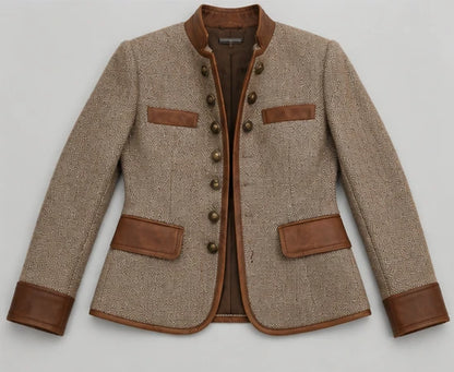 Vintage Tweed Leather Trim Button Up Jacket