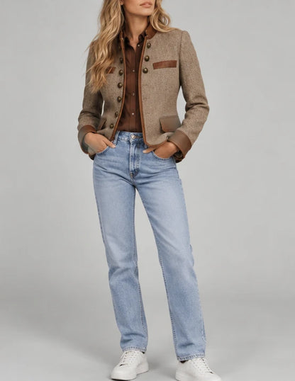 Vintage Tweed Leather Trim Button Up Jacket