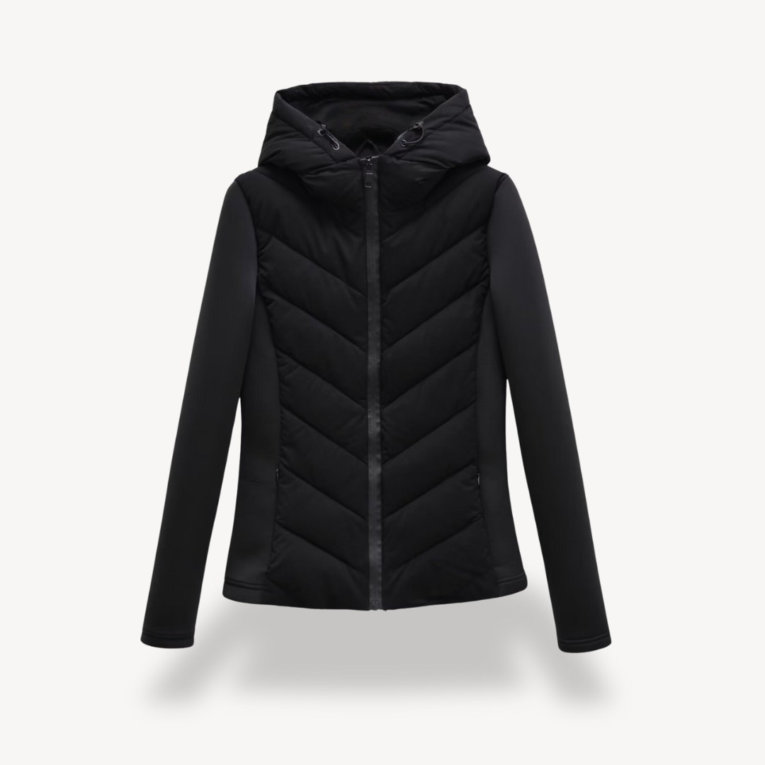 Chevron Quilted Hooded Jacket - Black