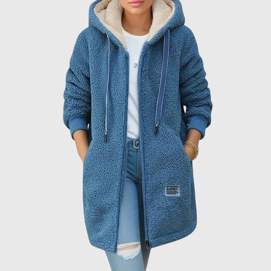 Hooded Long Fleece Jacket with Drawstring - Blue