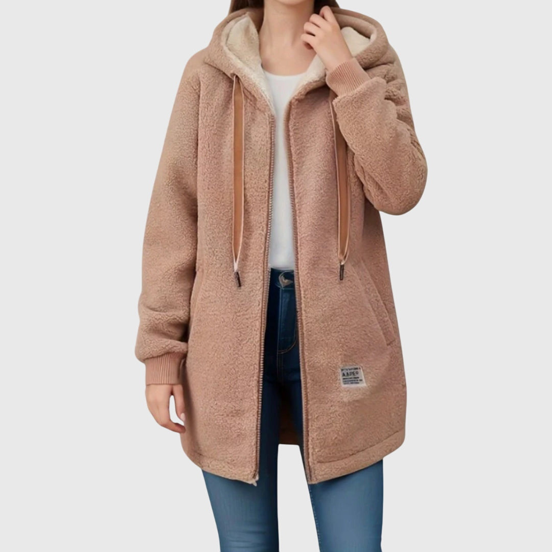 Hooded Long Fleece Jacket with Drawstring - Brown