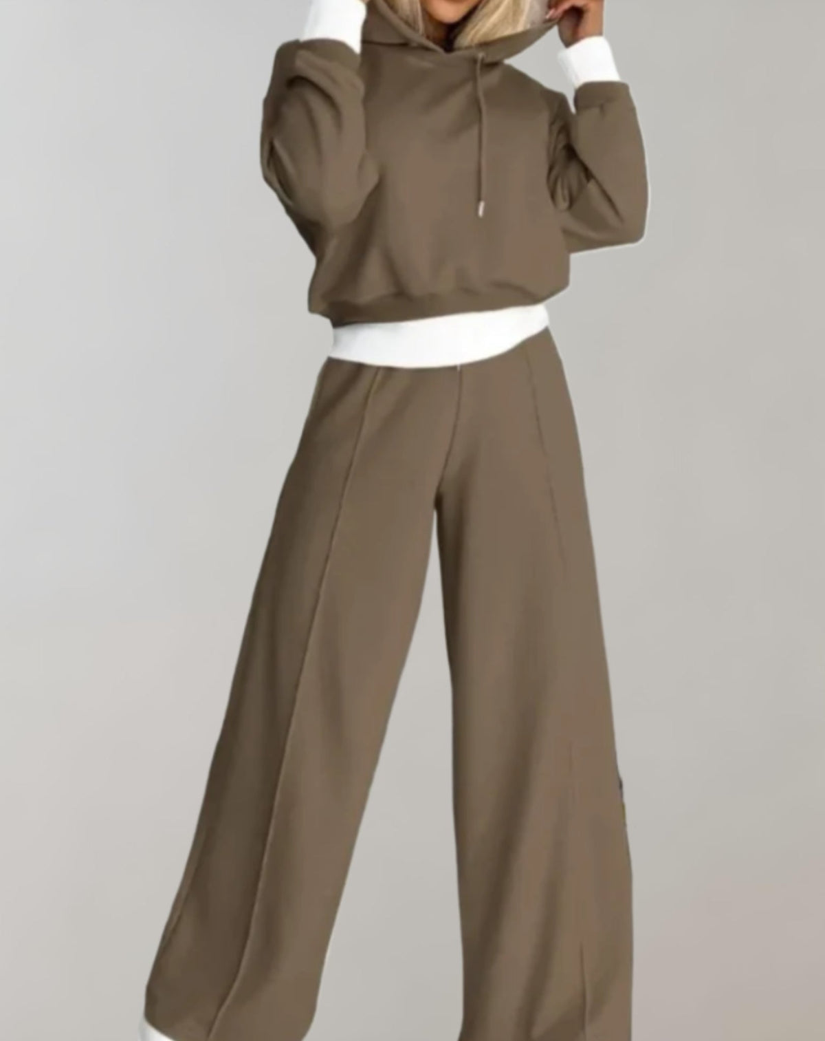 Cropped Hoodie & Wide-Leg Trousers Two-Piece Set - Brown