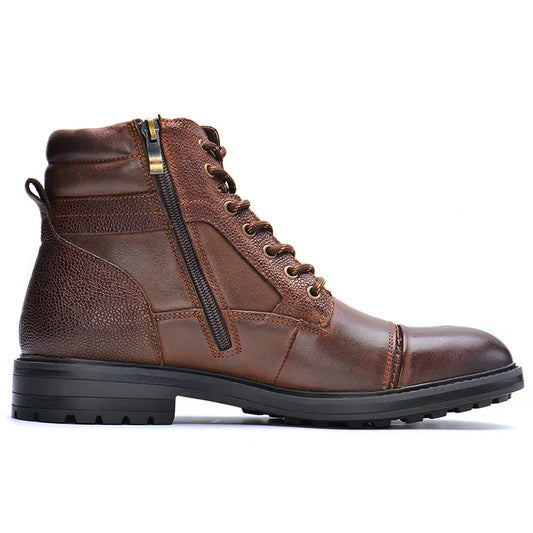 Brown leather boot with a zipper on a white background