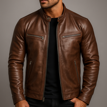 Vintage Leather Racer Jacket with Zip Pockets - Brown