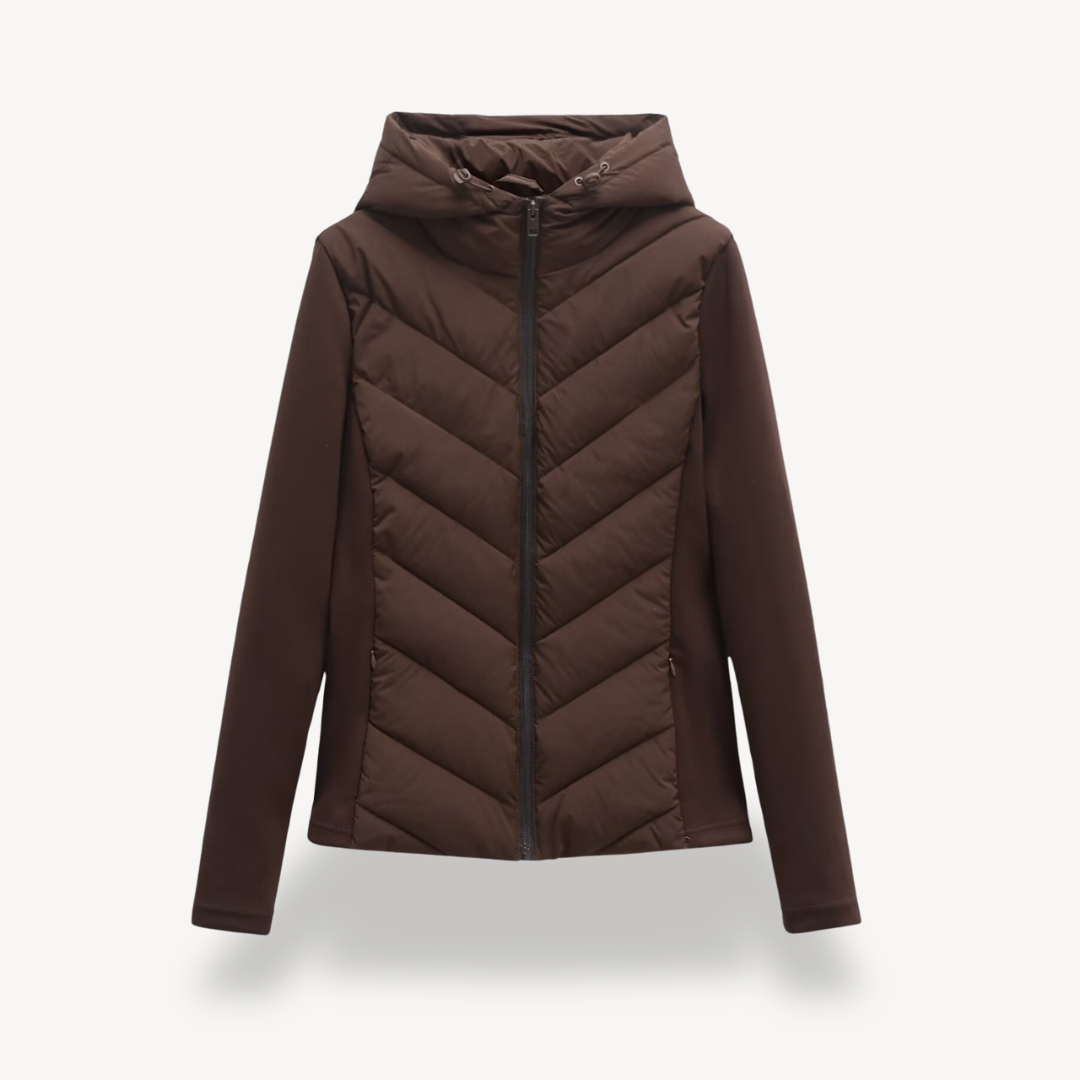 Chevron Quilted Hooded Jacket - Brown