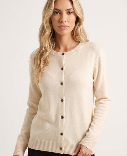 Round Neck Knitted Warm Cardigan with Button Front - Cream