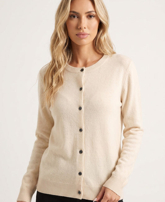 Round Neck Knitted Warm Cardigan with Button Front - Cream