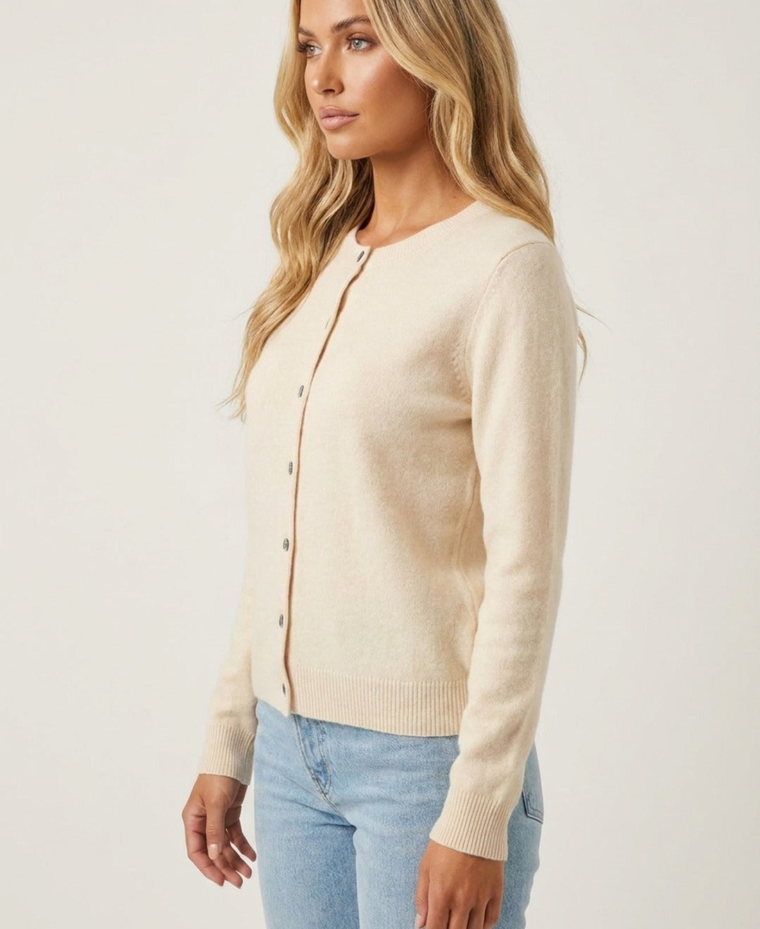 Round Neck Knitted Warm Cardigan with Button Front - Cream