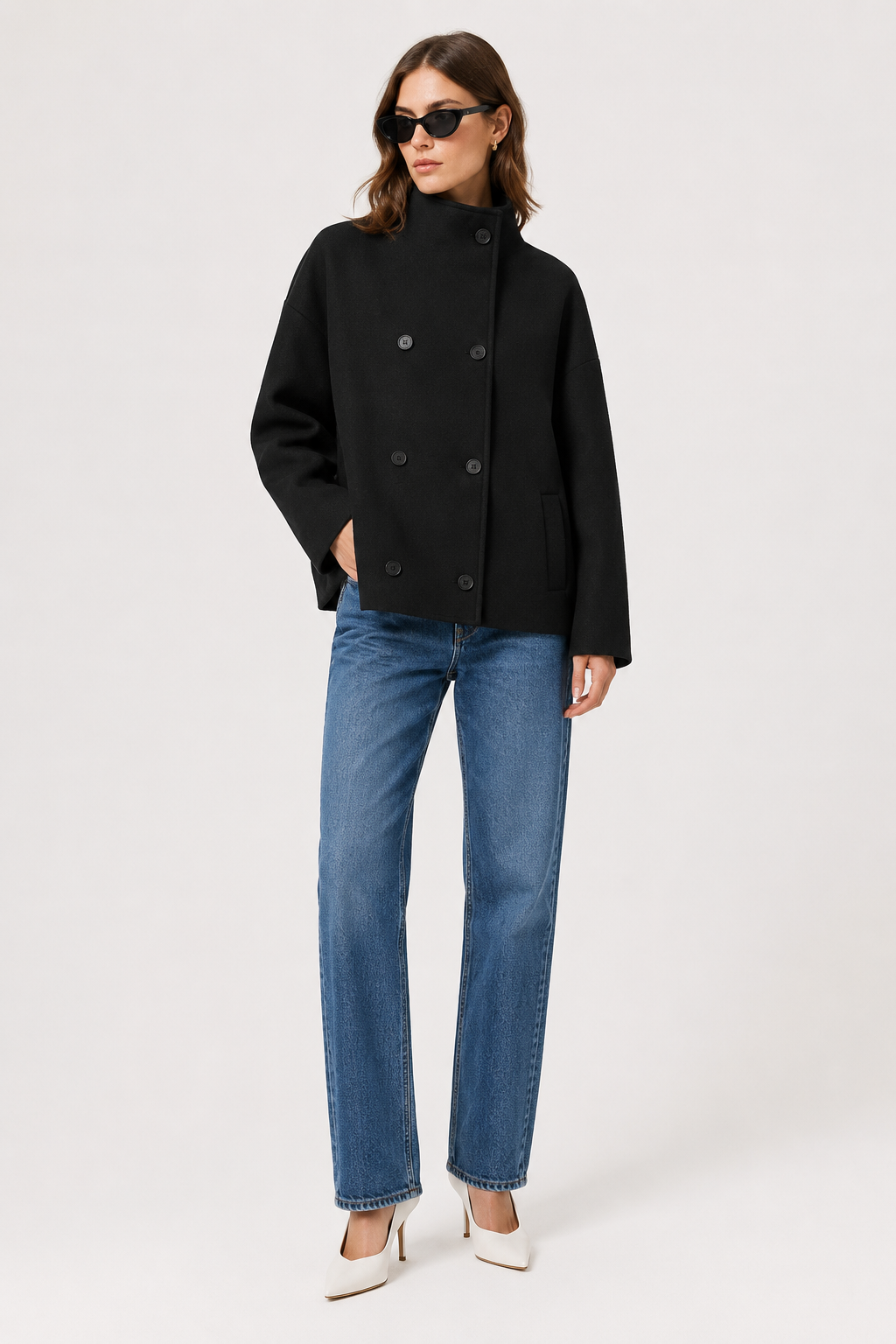 Boxy Cropped Double-Breasted Wool Coat