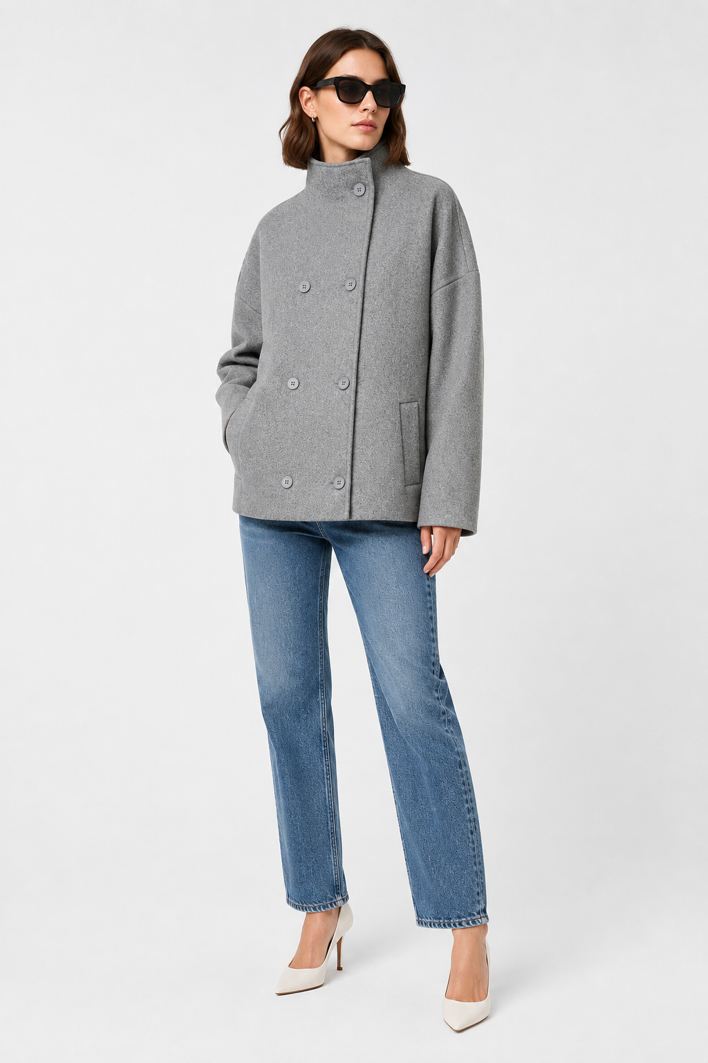 Boxy Cropped Double-Breasted Wool Coat