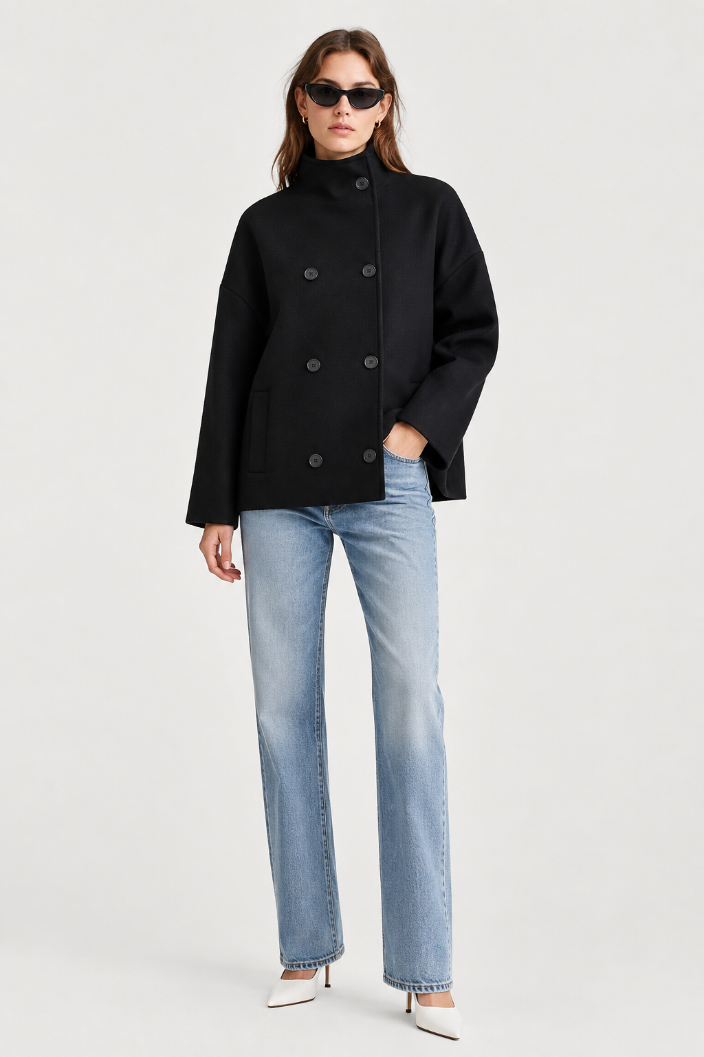 Boxy Cropped Double-Breasted Wool Coat