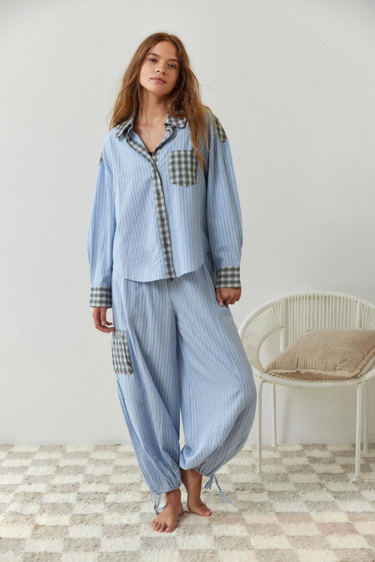 Plaid Button-Up Pajama Set - Pink, back view