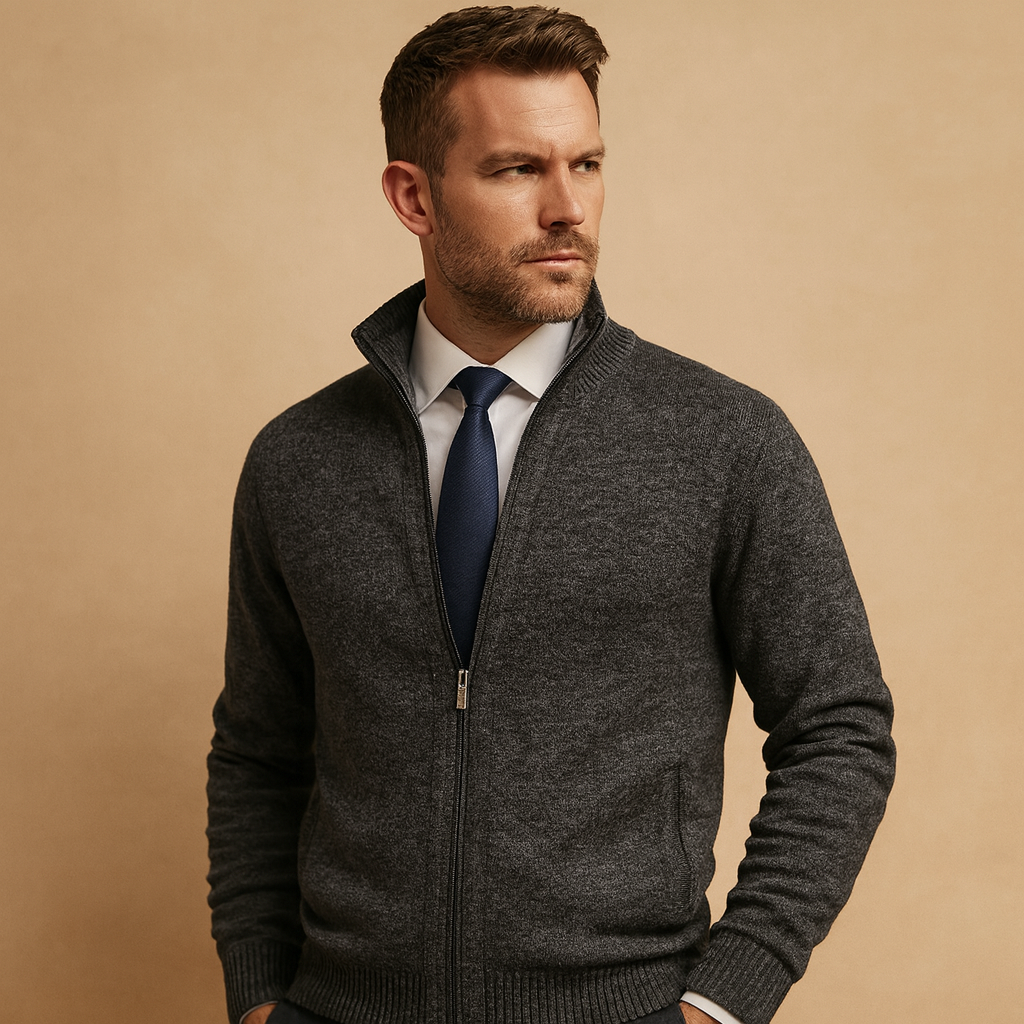 Marled Knit Full-Zip Cardigan with Stand Collar - Dark Grey