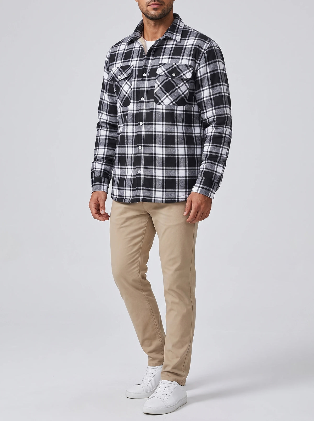 Sherpa-Lined Plaid Flannel Shirt Jacket - Black