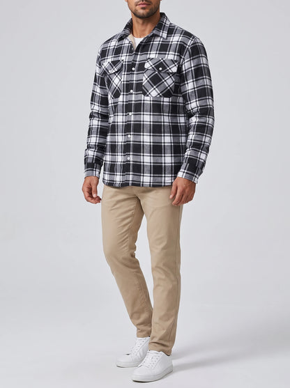 Sherpa-Lined Plaid Flannel Shirt Jacket - Black