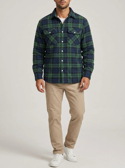 Sherpa-Lined Plaid Flannel Shirt Jacket - Green