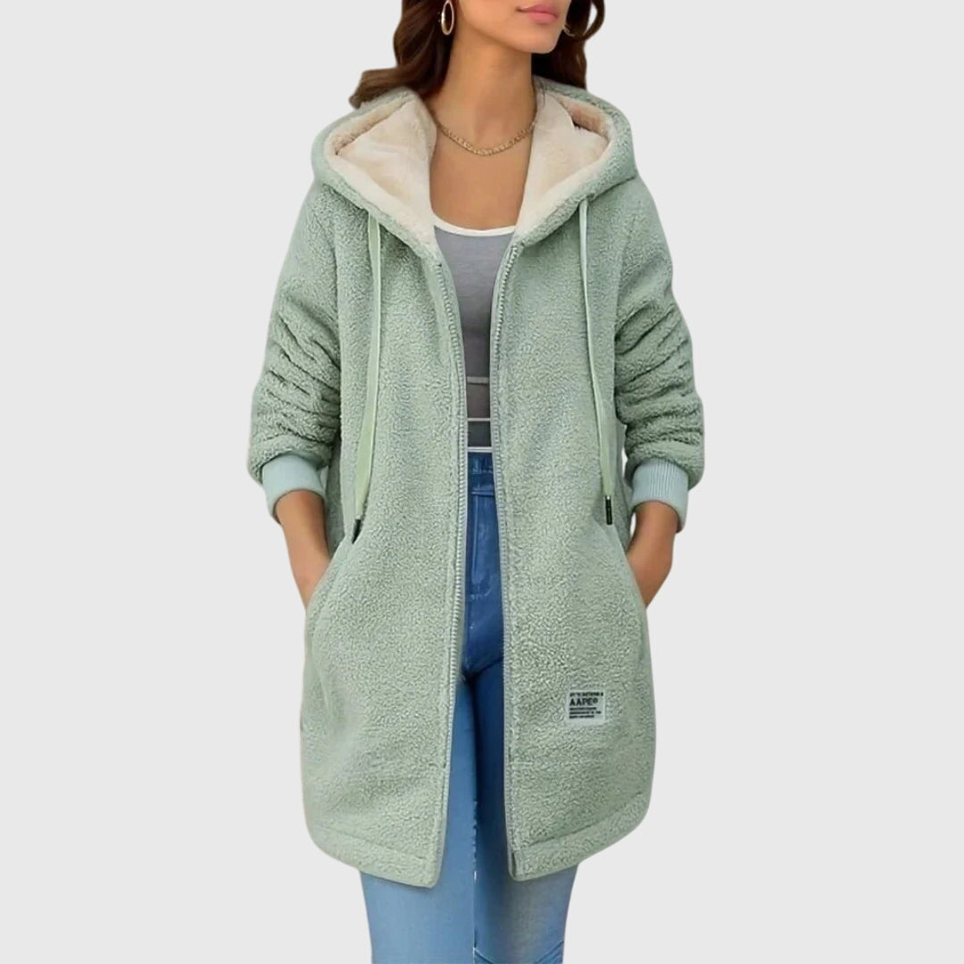 Hooded Long Fleece Jacket with Drawstring - Green