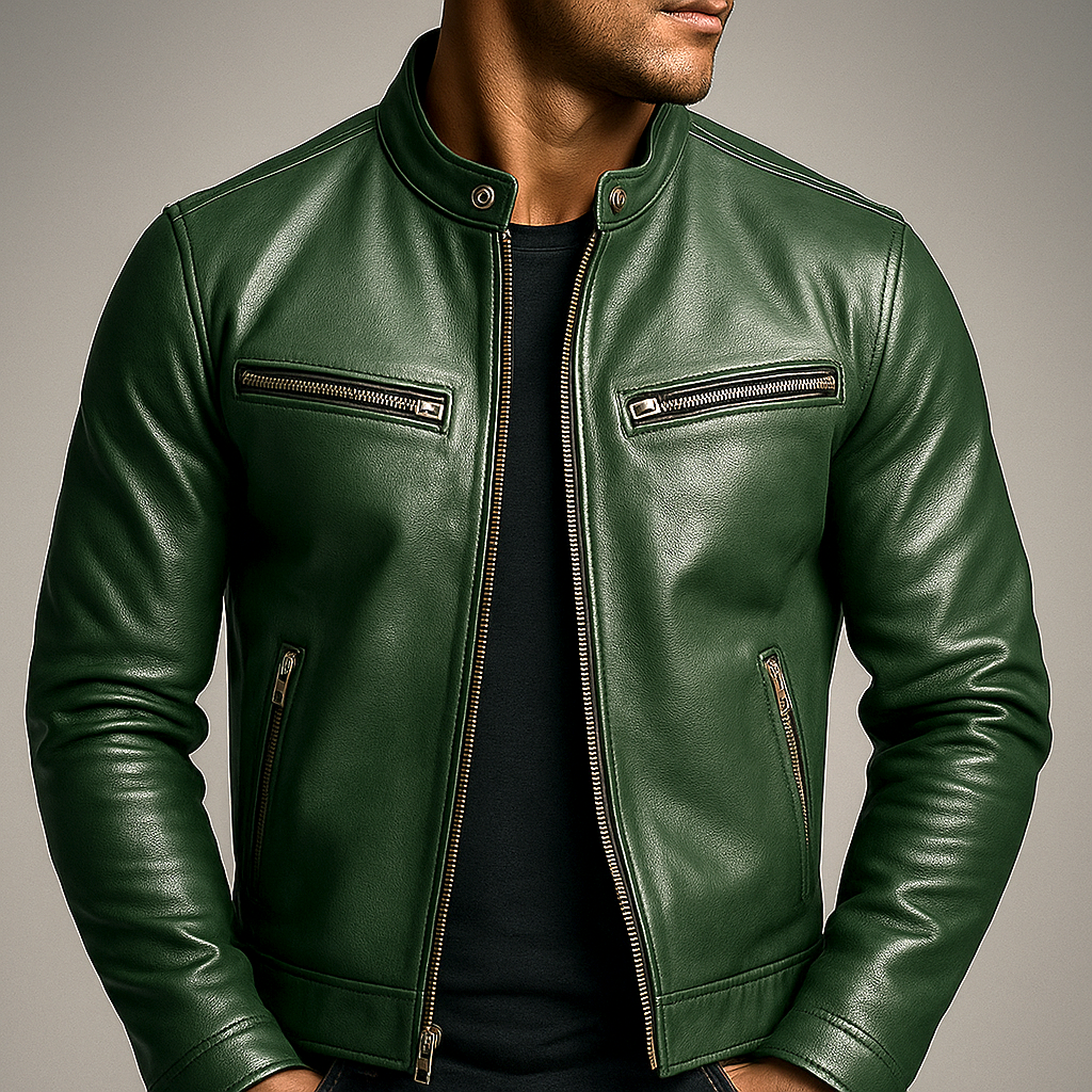 Vintage Leather Racer Jacket with Zip Pockets - Green