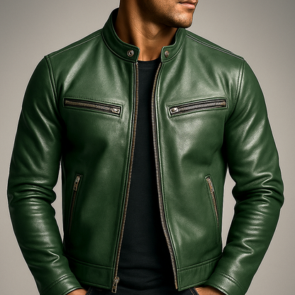 Vintage Leather Racer Jacket with Zip Pockets - Green