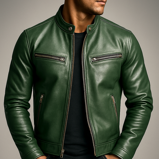 Vintage Leather Racer Jacket with Zip Pockets - Green