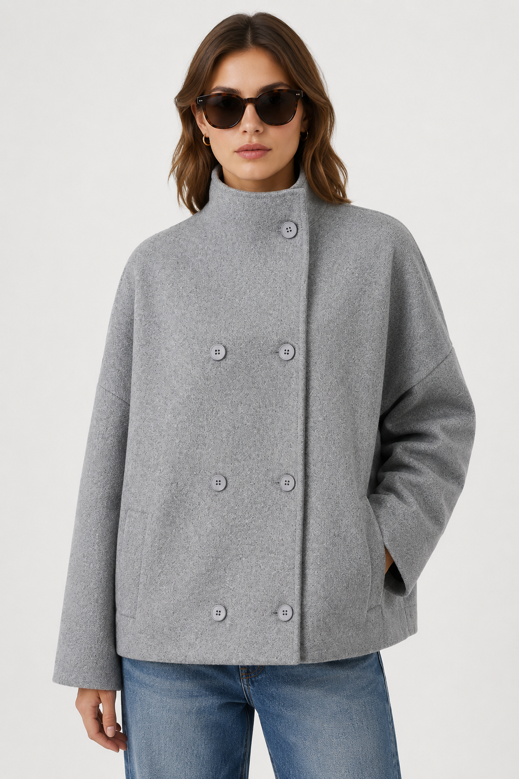 Boxy Cropped Double-Breasted Wool Coat - Grey